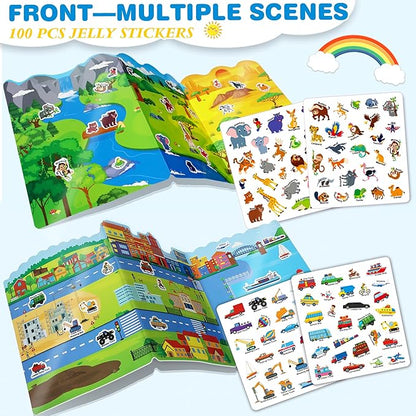 Reusable Sticker Books with 100 PCS Jelly Stickers, 2 Sets Toddler Activity Book for Girls Boys, Toddler Craft Activities-Safari, Vehicles