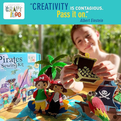 CRAFTILOO Pirates Pre-Cut Fun Kids Sewing Kit for Kids Ages 8-12 Children Beginners Sewing kit Kid Crafts Make Your Own Felt Pillow Plush Craft Kit Girls and Boys Art Craft Kits Learn to Sew Kit