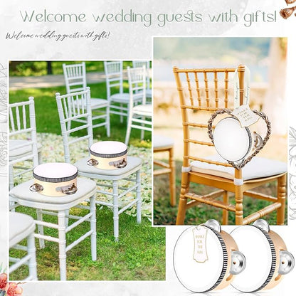 24 Set Tambourine for Adults Wooden Hand Held Drum with Metal Jingles, Gift Tags, White I Love You Printed Ribbon Percussion Gift Musical Instrument for Church Wedding Party Favor (8 Inch)