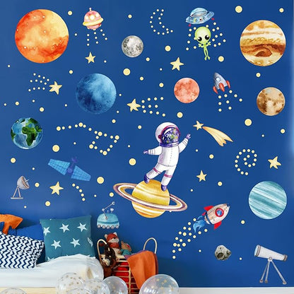 Watercolor Solar System Wall Decals, Glow in The Dark Stars, Kids Planets Sticker for Ceiling, Astronaut Wall Stickers for Bedroom, Green