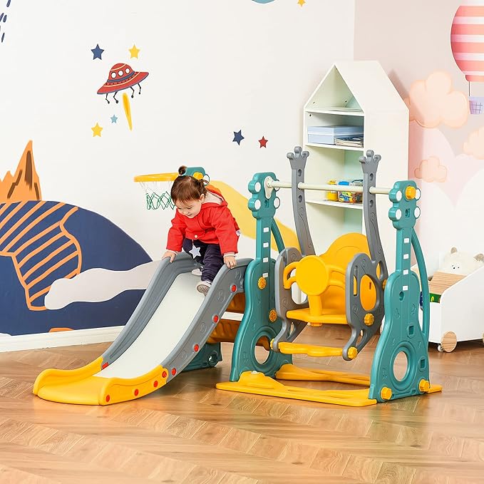 Qaba 4 in 1 Toddler Swing and Slide Set, Kids Slide for Aged 1.5-3 with Climber, Ultra-Safety, Basketball Hoop, Baby Playground Set, Fun Indoor/Outdoor Playset Exercise Toy