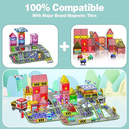 121PCS Magnetic Tiles Road Set with Pullback Cars. Magnet Tiles for Building Construction Toys with Ship, Airplane, Traffic Sign, STEM Magnetic Tiles for Kids Ages 4-8, Educational Gifts for Ages 3+