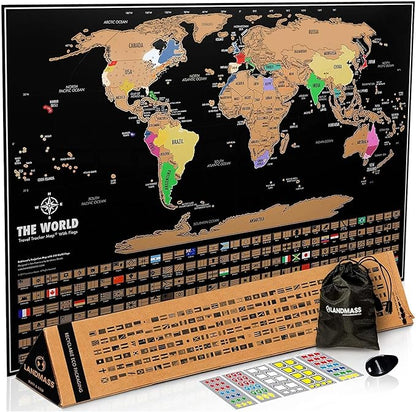 Landmass Scratch Off World Map, Deluxe Travel Tracker with Flags, Detailed Cartography, Gift Idea for Travelers, Wall Art, Home or Office Decor, 17x24 Inches