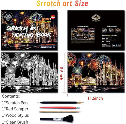 Scratch Art Book for Adults,Scratch Painting Foil for Adults，Scratch and Sketch City Landmarks Books,Colorful City Series Scratch Art 12 Pas by Iskueal(Milan Cathedral)