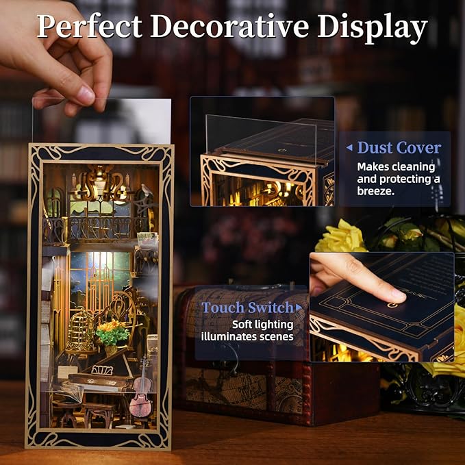 Book Nook Kit, DIY Miniature Dollhouse Booknook Kit, 3D Wooden Puzzle Bookend Bookshelf Insert Decor with LED Light for Teens and Adults (Pianist with Nightingale)