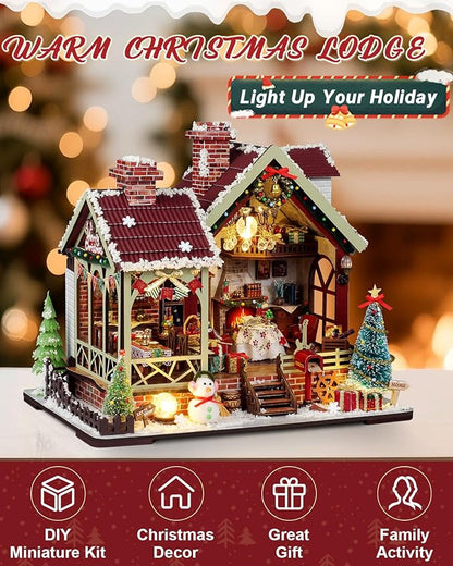 Miniature House Kit – Warm Christmas Lodge, DIY Wooden Dollhouse with LED & Music Box, Tiny House Craft Gift for Teens Families Friends