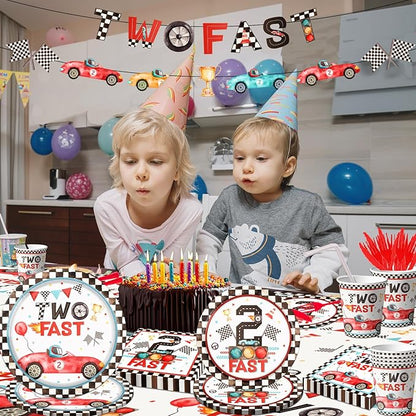 Two Fast Birthday Party Supplies, 142pcs Race Car 2nd Birthday Decorations Tableware Kit Includes Race Car Plates Napkins Tablecloth for Two Years Old Party Baby Shower Decorations Favors for Boys