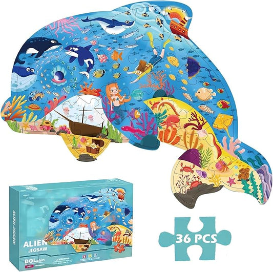 Floor Puzzles for Kids Ages 3-5, 4-6, Big Pieces Jumbo Puzzles Colorful Animal Shaped Puzzle Learning Educational Toys Games Gifts for Children(Dolphin-36 Pieces)