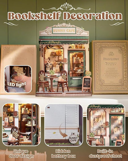 Book Nook Kit, DIY Miniature House Kits for Adult and Teens, Dollhouse Tiny Booknook Garden House Bookshelf, DIY Craft Gifts for Family and Friends（Sunny Cafe)