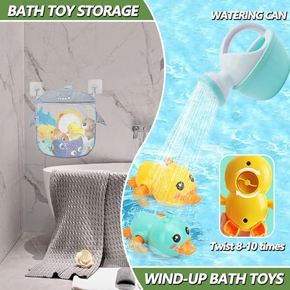Bath Toys for Kids Ages 1-3, No Hole Bath Toys for Babies 6-12 Months, Wind-up Ducks Baby Pool Toys, Rubber Duck Watering Can Fishing Net Water Toys for Toddlers, Bath Toy Storage, Halloween Toy