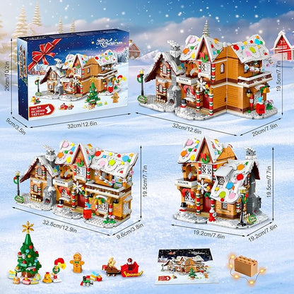 3 Style Christmas Gingerbread House Building Set with Lights - 2025 Christmas Castle Village Building Block Toy with Santa Claus Xmas Tree Train Gifts for Adults Kids Girls Boys Ages 6+ (1477PCS)
