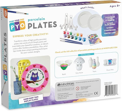 MindWare Paint Your Own Porcelain Plates - Kit Includes 2 Porcelain Plates, 12 Paints, 2 Paint Brushes, and 2 Stands