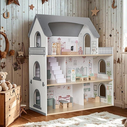 Wooden Dream Playhouse for Girls with Balcony,Doll House for Kids with Furniture,DIY Pretend Play House Toy, Children Dollhouses Toys with 12 PCS Accessories,Birthday Gifts for Boys Girls Ages 3+