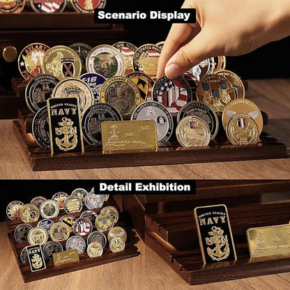 Handmade 3-Tier Challenge Coin Display Case - Holds 40+ Military Coins - Walnut Finish Wooden Holder for Desk Display - Premium Gift for Collectors & Armed Forces (Retirement, Promotion)