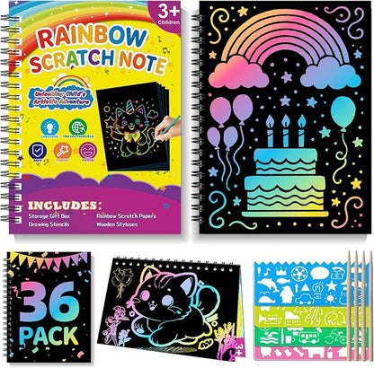 Scratch Art for Kids: 36 Pack Rainbow Scratch Paper Party Favors - Art Crafts Notebook Suitable for Birthday Gifts/School Crafts Kit/Classroom Prizes for Girls and Boys Aged 4-12