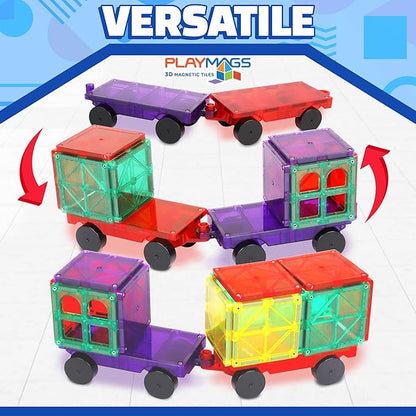 Playmags 2 Piece Car Set: with Stronger Magnets, STEM Toys for Kids, Use with All Magnetic Tiles and Blocks Sturdy, Super Durable with Vivid Clear Color Tiles. (Colors May Vary)