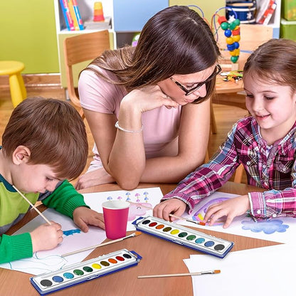 10-Color Water Color Paint Sets for Kids 30 Pack Bulk Watercolor Paint Set Washable Acuarelas Watercolor Palette Mini Paint Sets for Kids Party Favor Classroom Water Paint Kit 2 Wood Brushes Included
