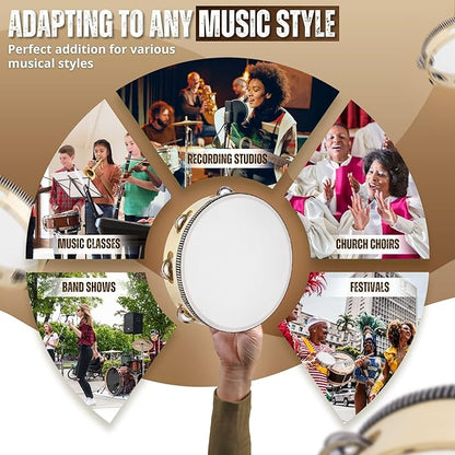 Flexzion Wooden Round Tambourine for Kids and Adults 8" Inch Single Row 8 Pair Jingles, Wood Handheld Percussion Instrument for Beginner and Professional Tambourine Player