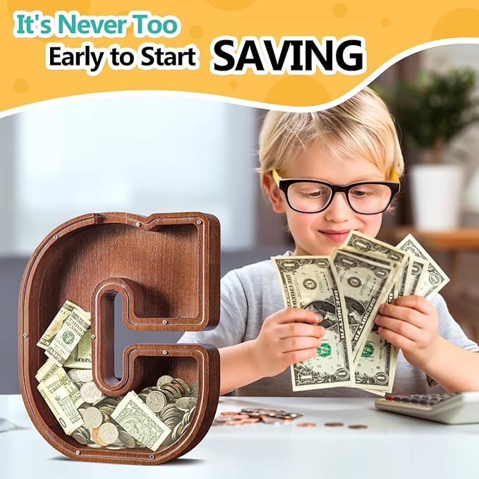 Summidate Large Wooden Piggy Bank for Kids Adults, Alphabets Letter A-Z Piggy Bank for Boys Girls, Coins Bills Change Bank Box Personalized Initial Name Kids Money Bank for Birthday Present and Decor