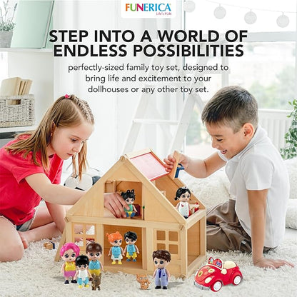 FUNERICA Dollhouse People Figures Playset - Dollhouse Family Little Play Figurines Doll House Accessories Toys -(Family Figures with Car, Pets, Doctor & Nurse)