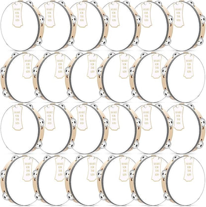 24 Set Tambourine for Adults Wooden Hand Held Drum with Metal Jingles, Gift Tags, White I Love You Printed Ribbon Percussion Gift Musical Instrument for Church Wedding Party Favor (8 Inch)