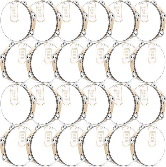 24 Set Tambourine for Adults Wooden Hand Held Drum with Metal Jingles, Gift Tags, White I Love You Printed Ribbon Percussion Gift Musical Instrument for Church Wedding Party Favor (8 Inch)