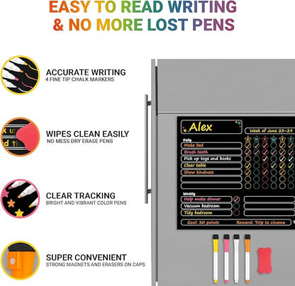 Black Magnetic Chore Charts for Multiple Kids & Adults - 3Pcs Dry Erase Chore Boards Set with 4 Fine Tip Chalk Markers - Responsibility & Reward Charts for Family Organization on Your Refrigerator