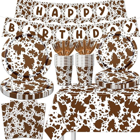 Highland Cow Decorations, 142Pcs Cow Print Plates and Napkins Party Supplies, Brown Cow Birthday Party Decorations Tableware Cups Tablecloth for Cow Baby Shower Farm Cowboy Theme Party