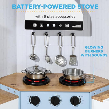 Best Choice Products Pretend Play Corner Kitchen, Ultimate Interactive Wooden Kids Playset w/Lights & Sounds, Ice Maker, Hood - Coastal Blue