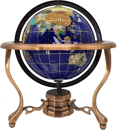Unique Art 10-Inch Tall Table Top Blue Lapis Ocean Gemstone World Globe with Copper Tripod Stand (BLUE LAPIS)