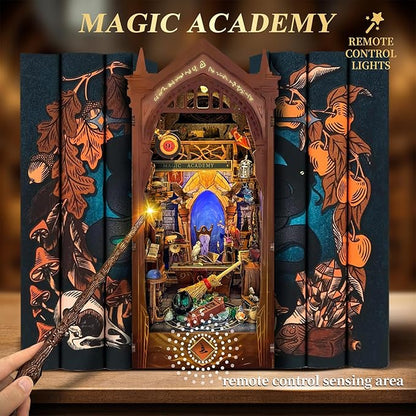 DIY Book Nook Kit, DIY Miniature Dollhouse Kit for Adults and Teens, Book Nook Bookshelf Insert Decor 3D Wooden Puzzle Bookend Miniature Kit with Sensor Light Creative Craft (Magic Academy)