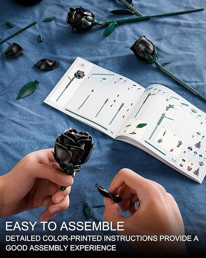 Black Roses Flower Building Set, Halloween Artificial Bouquet Kit Compatible with Legos Bricks - Indoor Plant Decorations for Home & Office - Romantic Gift for Women and Girls 6+