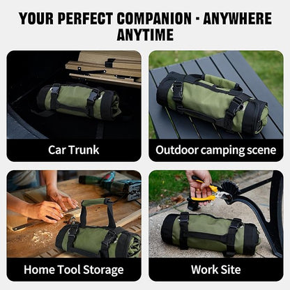 Portable Foldable Roll-Up Waterproof Tool Bag Organizer with 5 Compartments & 2 Detachable Pouches, Heavy-Duty Tool Pouch Bag, Dad Men Electrician Mechanic Gifts (Army green)