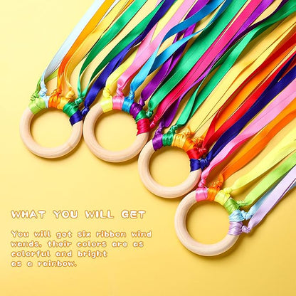 Sumind 6 Pcs Rainbow Ribbon Hand Kites Wands for Kids Dancer Streamer String Toy Thrown Waldorf Wand with Wooden Ring Wand Learning Educational(Bright Colors)