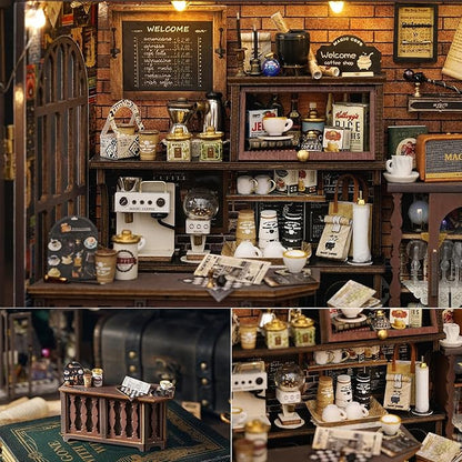 TuKIIE DIY Miniature Dollhouse Kit with Furniture, 1:24 Scale Creative Room Opened & Closed Wooden Doll House Plus Dust Proof for Kids Teens Adults(Vintage Coffee Shop)