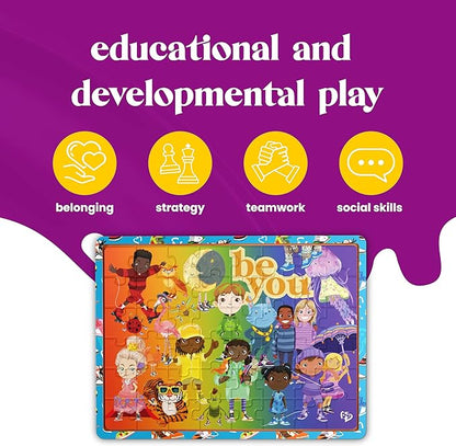48pc FSC Wooden Tray Puzzle - Upbounders® Be You Rainbow Kicks & Zoo Animals | Colorful Sneakers, Multicultural Kids | Ages 4+ Educational Toy