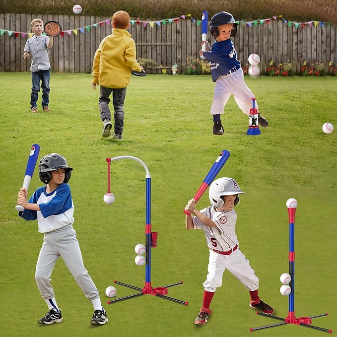 4 in 1 T Ball Sets for Kids 3-5 with Toss and Catch Ball Set, Hanging Tee Stand with Auto Pitching Machine/ 2 Bats, Indoor Outdoor Toys Birthday Baseball Gifts for Toddler Boys Girls, Blue