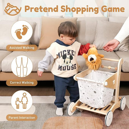 Woodtoe Wooden Baby Walker Doll Stroller | Adjustable Speed Shopping Cart for Toddlers 1-3 | Baby Push Walker - Pretend Play Grocery Cart | Natural Wood Stroller Push Toys for Babies Learning to Walk