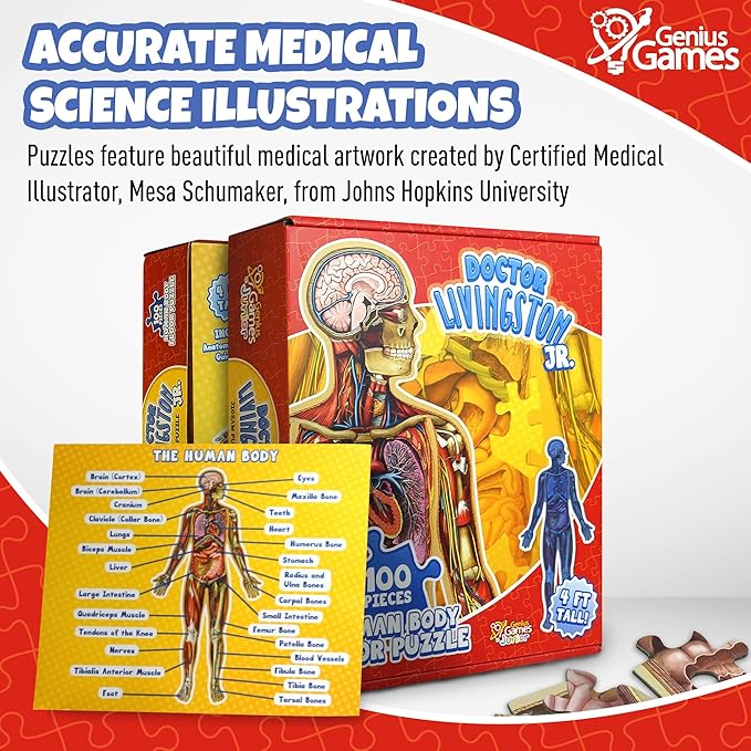 Human Anatomy Kids Floor Puzzle - Dr Livingston Jr's 100-Piece Full Body Jigsaw Puzzle - 4 FT Medically Accurate Floor Puzzles for Kids Ages 6-8, 4-8, 8-10 - Educational Toys for Children, Toddlers
