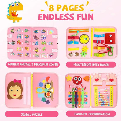Toddler Busy Board, Montessori Sensory Toys for Boys, 1-4 Year Old Girl Toddler Travel Toys, Educational Learning Activities Board for Motor Skills, Birthday Gifts for Airplane Car, Pink