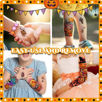 Kids Full Arm Temporary Tattoo, 52 Sheets Halloween Fake Tattoos Realistic for Boys Girls Halloween Party Favors, Pumpkin Ghost Reaper Bat Vampire Coffin Witch Rainbow Cat Spaceship Lasting Tattoos