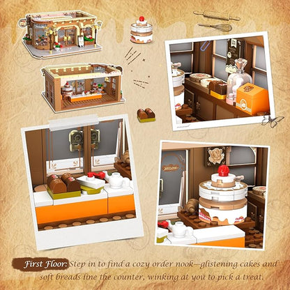 Flower Bakery Coffee House Building Set with Lights, City Cafe Baking House Display Model Toy, 1289 PCS Modular Construction Building Blocks Kit Home Decor, Gift for Adults Teens Girls 12+