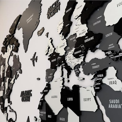 Colorfull Worlds 3D Wooden World Map Wall Art | Unique Wall Decor with Pins for Travel Enthusiasts | Home and Office Wall Décor | Grey | XLarge