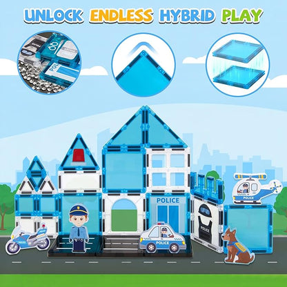 cossy Magnetic Tiles Police Set, Magnet Tiles with Policeman, Magnetic Tiles for Kids Ages 4-8, STEM Toys, Magnet Blocks for Boys and Girls, Creative Building Toys, Police
