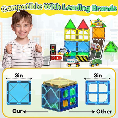 Oriate City Road Set Magnetic Tiles, Rolling Rescue Toy Cars with Construction Building Magnetic Blocks, Educational Road Traffic City Life Magnet Tiles, STEM Toys Gifts for Preschool Kids
