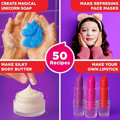 Doctor Jupiter Glam DIY Craft, Make-Up Kit for Girls Ages 6-8-12 | Lip Gloss, Bath Bomb, Perfume Making Kit with 50 Beauty Science Experiments | Birthday Gift Ideas for 6-7-8-9+ Year Old Girls