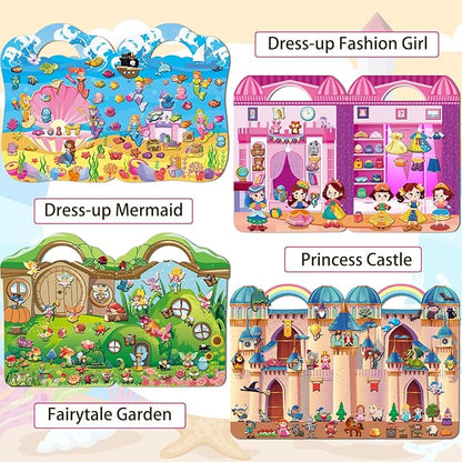 Dress Up Sticker Books for Girls Ages 3+, Reusable Puffy 3D Sticker Books for Toddlers, Include Princess Mermaid Fairy and Fashion Girl,Activity Book for Toddlers 3-5