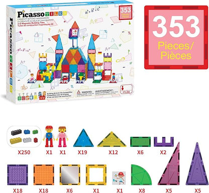PicassoTiles 353pc Magnetic Brick and Magnet Tile Combo Set with Action Figures STEM Building Block Educational Construction Kit Preschool Classroom Toy Learning Activities for Kids Age 3 Plus PTL353