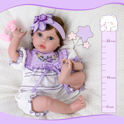Aori Reborn Baby Dolls - 22 Inch Realistic Lifelike Baby Girl - Handmade Vinyl Reborn Doll with Feeding Set & Purple Outfit | Newborn Baby Doll for Kids 3+, Collectors, Role Play