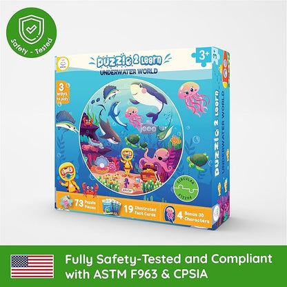 Jumbo 70 Piece Round Floor Puzzles for Kids Ages 3-5, 6-8, Large Jigsaw Puzzle with Educational Flash Cards and 3D Figures | Educational Gift (Underwater World)